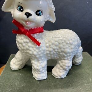 Ceramic Lamb Figurine with Red Bow Vtg sign JR